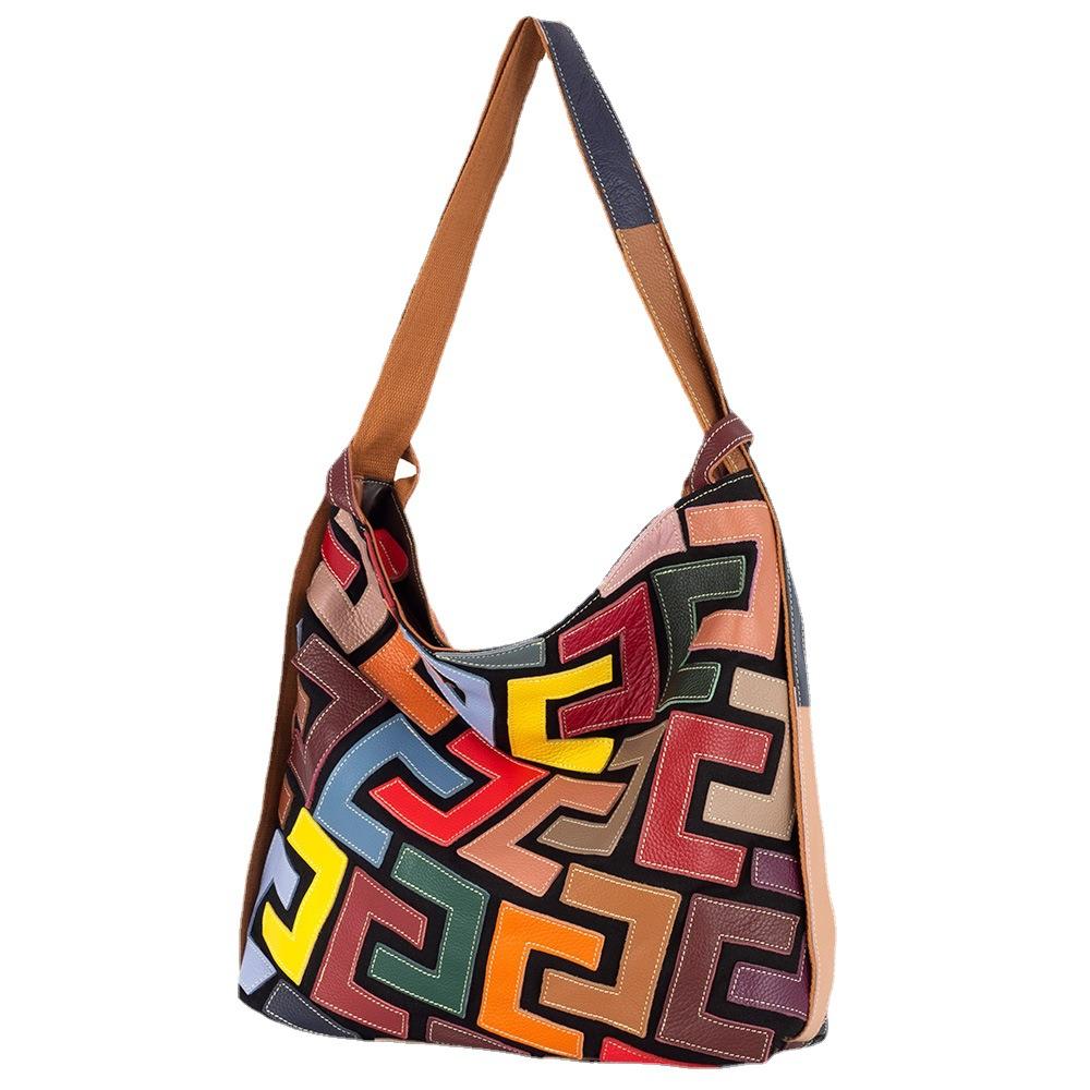 Leather Women'S Bags Trendy Geometric Patterns Contrasting Colors Long Tote Bags Shoulder Bags
