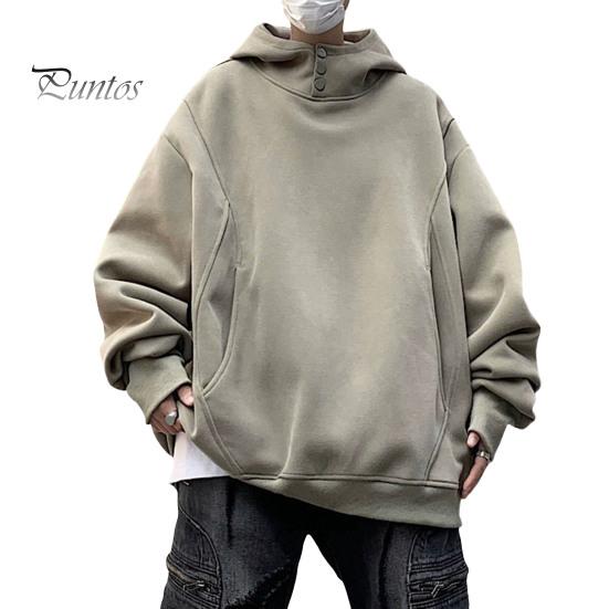 Осень-зима Мужская толстовка с капюшоном с большими карманами застегивающимся на пуговицы капюшоном свободными эластичными манжетами теплый пуловер средней длины однотонный топ в стиле хип-хоп для занятий спортом повседневной носки M армия зеленый 1980₽