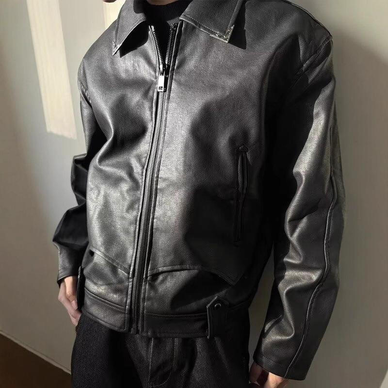 Black leather jacket men's spring and autumn ruffian handsome American retro trendy brand crack texture pilot locomotive jacket