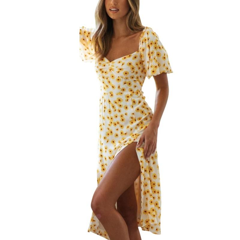 

Women s Boho U Neck Ruffle Floral Wrap Maxi Dress Split Skirt S