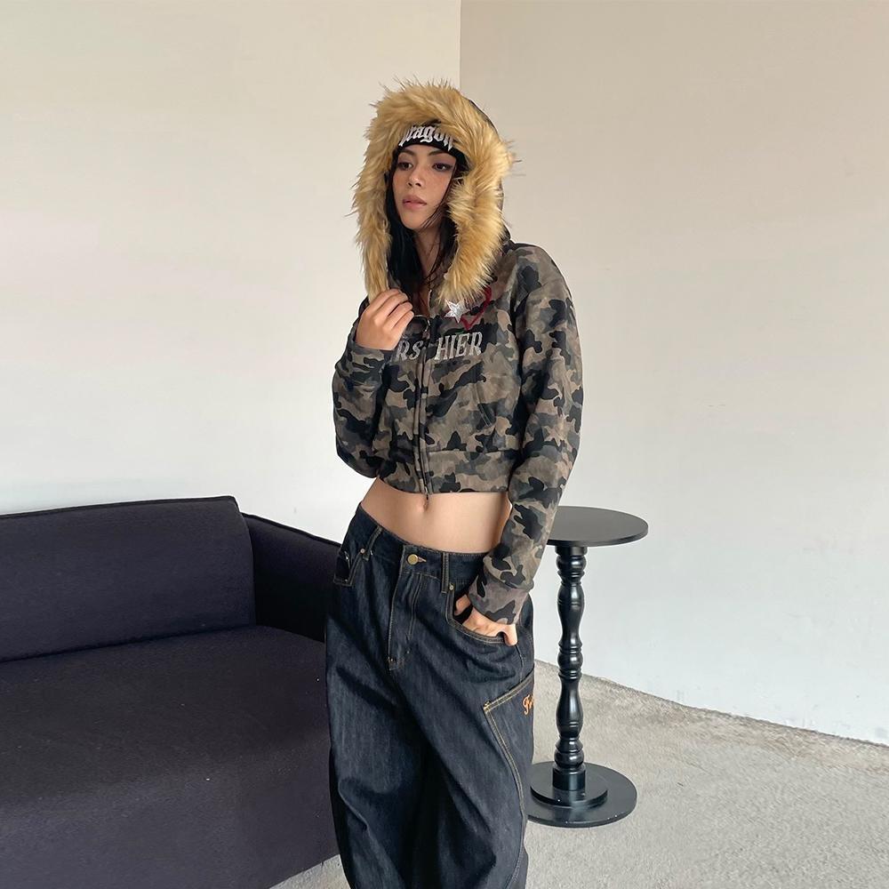 Streetwear Zip Hoodies Camo Embroidered Sequins Y2K Womens Clothes Hip Hop Retro Harajuku Gothic Punk Cropped Hoodies Sweatshirt
