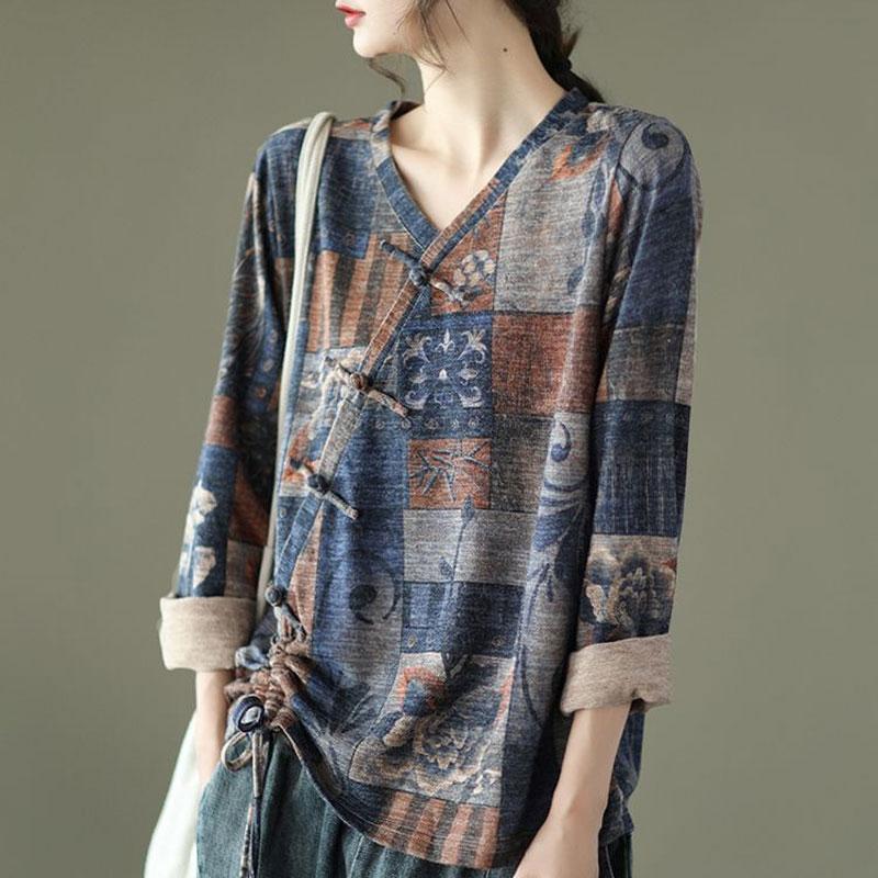 Stylish Shirring Drawstring Blouse Spring Autumn Folk Printed Chinese Disc Buckle Female Clothing Loose Casual V-Neck Shirt