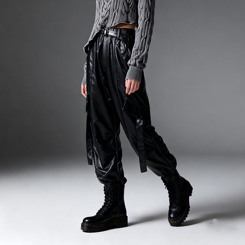 

2026 Spring Women s Fashion: Cross-Border Streetwear Wide-Leg Leather Cargo Pants Small чёрный