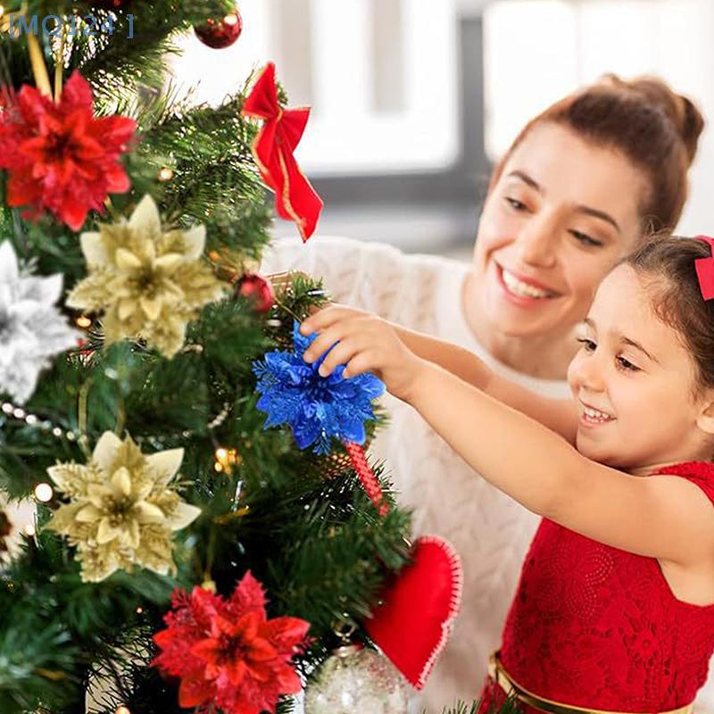 5PCS Christmas Golden Glitter 14cm Flower Christmas Tree Decoration Ornaments Color Glitter Home Party Decoration Supplies