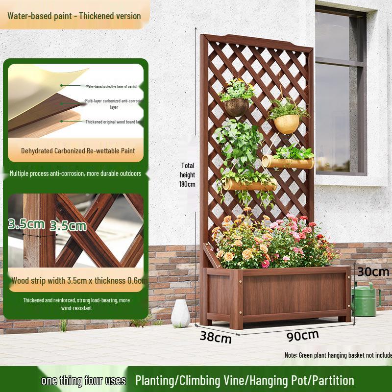 Carbonized Wooden Planter with Trellis: Outdoor Anticorrosive Flower Pot and Climbing Rack for Balcony or Garden.