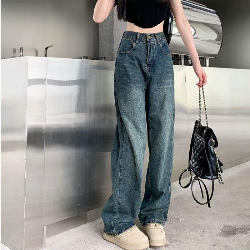 

Джинсы с высокой посадкой и потертостями - Женские ретро-слимминговые брюки широкого кроя для весны и осени 2024 2XL