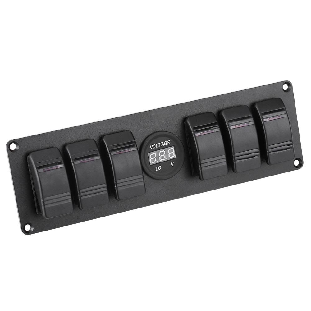 6 Gang Red LED Rocker Switch Panel with Voltmeter for Car RV Boat Yacht Marine 12V-24V