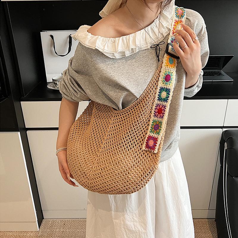 Large Capacity Crochet Tote Bag Ethnic Style Hollow Out Woven Bag Embroidered Strap Knitting Handbag For Female Travel AVE