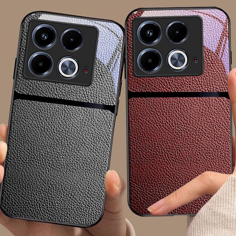 Red Leather Pattern For Infinix Note 40 4G 30i 12 G96 Smart 8 Hot 9 Play 10 11S 12 20i 50 Pro Plus 5G Tempered Glass Phone Case