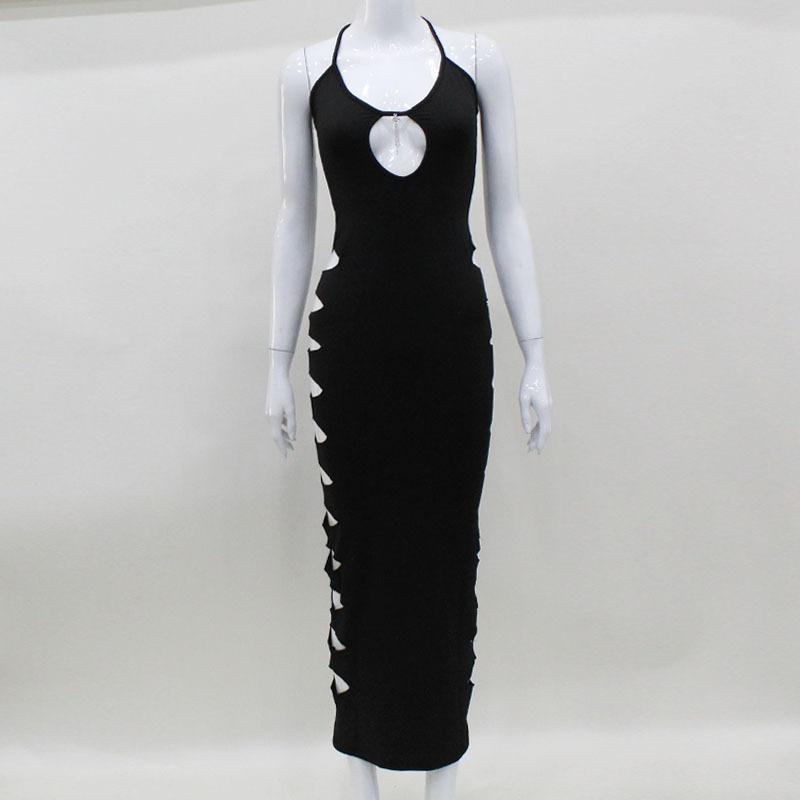 European and American women's clothing neck-hanging dress hollow low-cut tight Spice girl pure desire wind hip-wrapped long dress hollow hip-wrapped