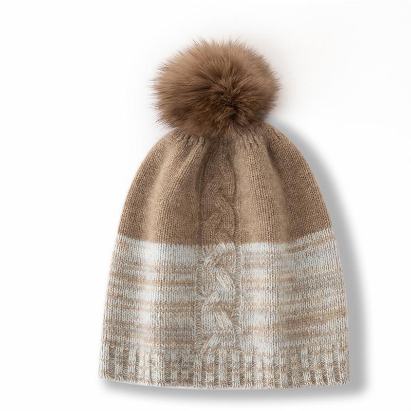 

Women 100% Cashmere Beanie Hat Two Tone Color Block Pom Pom Detail Cable Knit Winter Warm Soft Slouchy Skullies Cap верблюд