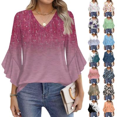 Damenmode Lässig Sieben-Minuten-Ärmel Vintage Blumenmuster Top V-Ausschnitt T-Shirt Trompetenärmel Shirt