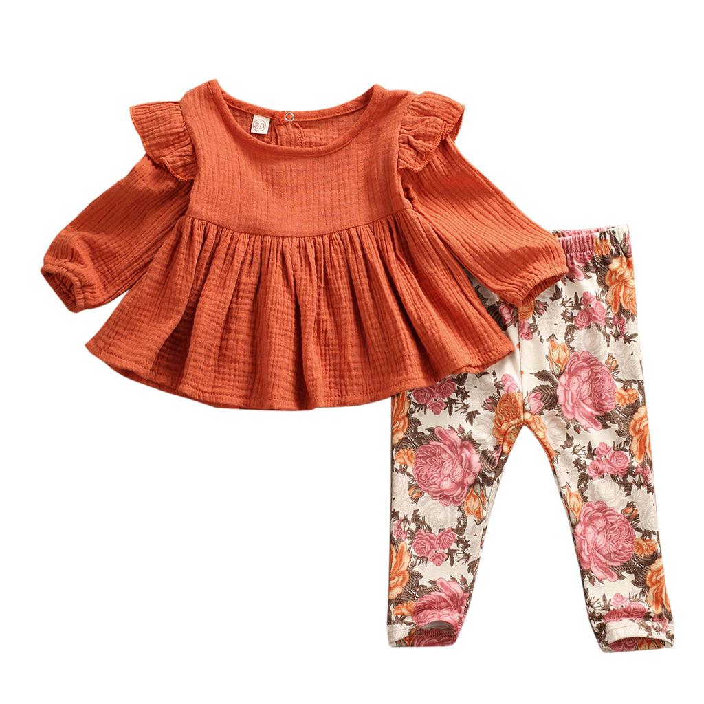 Newborn Kid Baby Girl Flower Print Clothes Top T Shirt Pants Tracksuit Outfit US Long Sleeve Cotton Linen Autumn Winter Solid