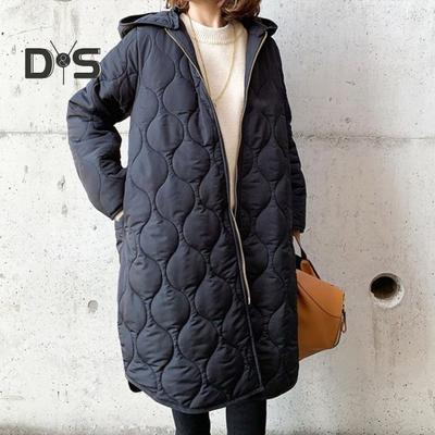 Fall Winter Women Jacket Hooded Zip-up Rhombus Texture Thin Padded Long Sleeves Mid Length Loose Work School Daily Coat