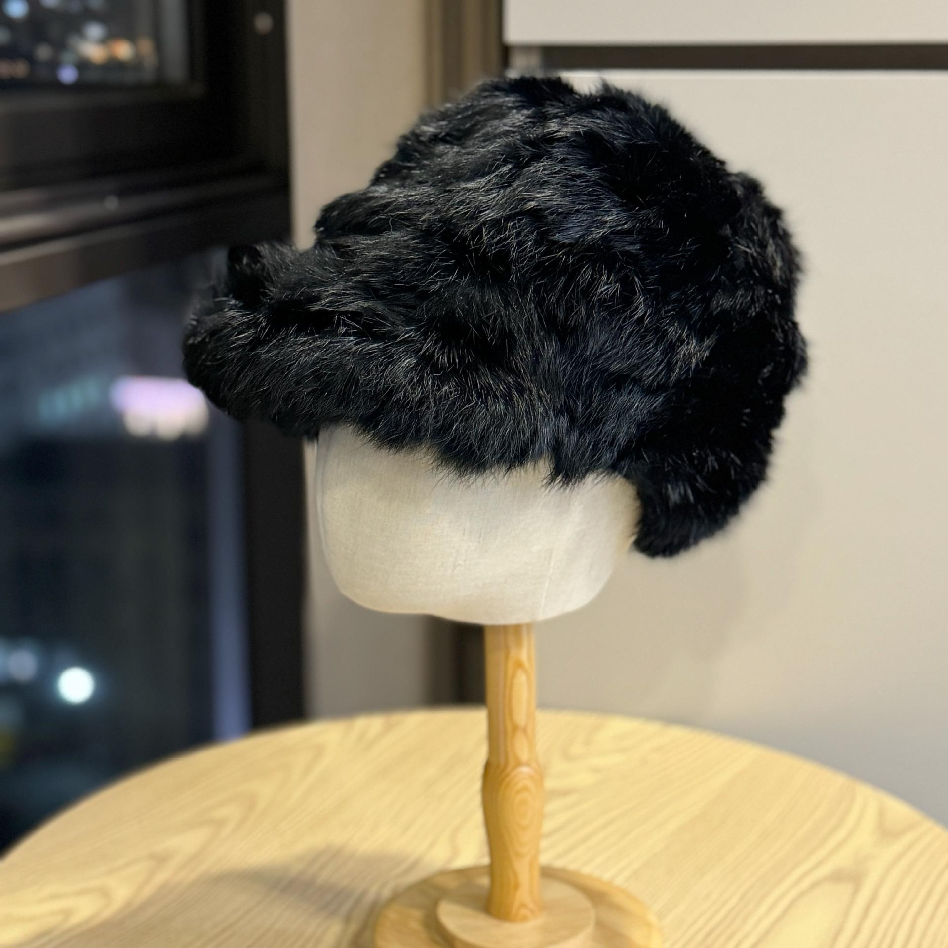 

Thick rabbit fur baseball cap for autumn and winter, ear protection plush pullover hat, sweet and versatile for girls, makes the face look smaller, Adult54-60Average Size чёрный