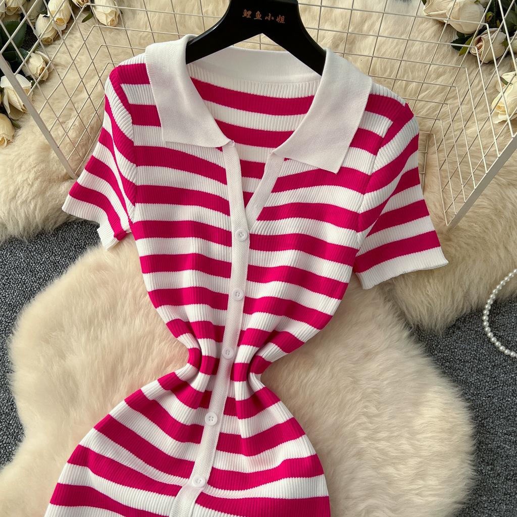 Summer Women Casual V-neck Striped Knitted Sweater Long Maxi Split Slim Bodycon Sheath Dresses