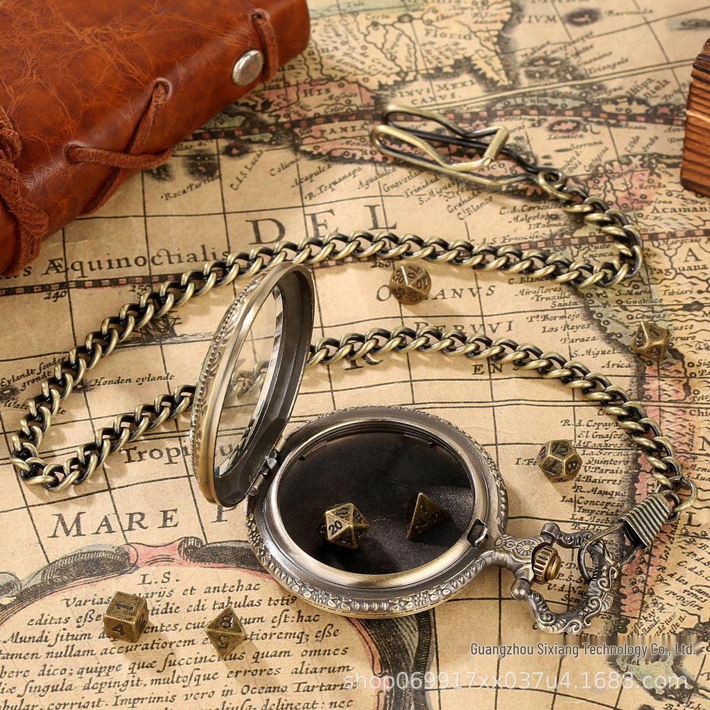 Glass Pendant Pocket Watch with DND Dice Board Game Set