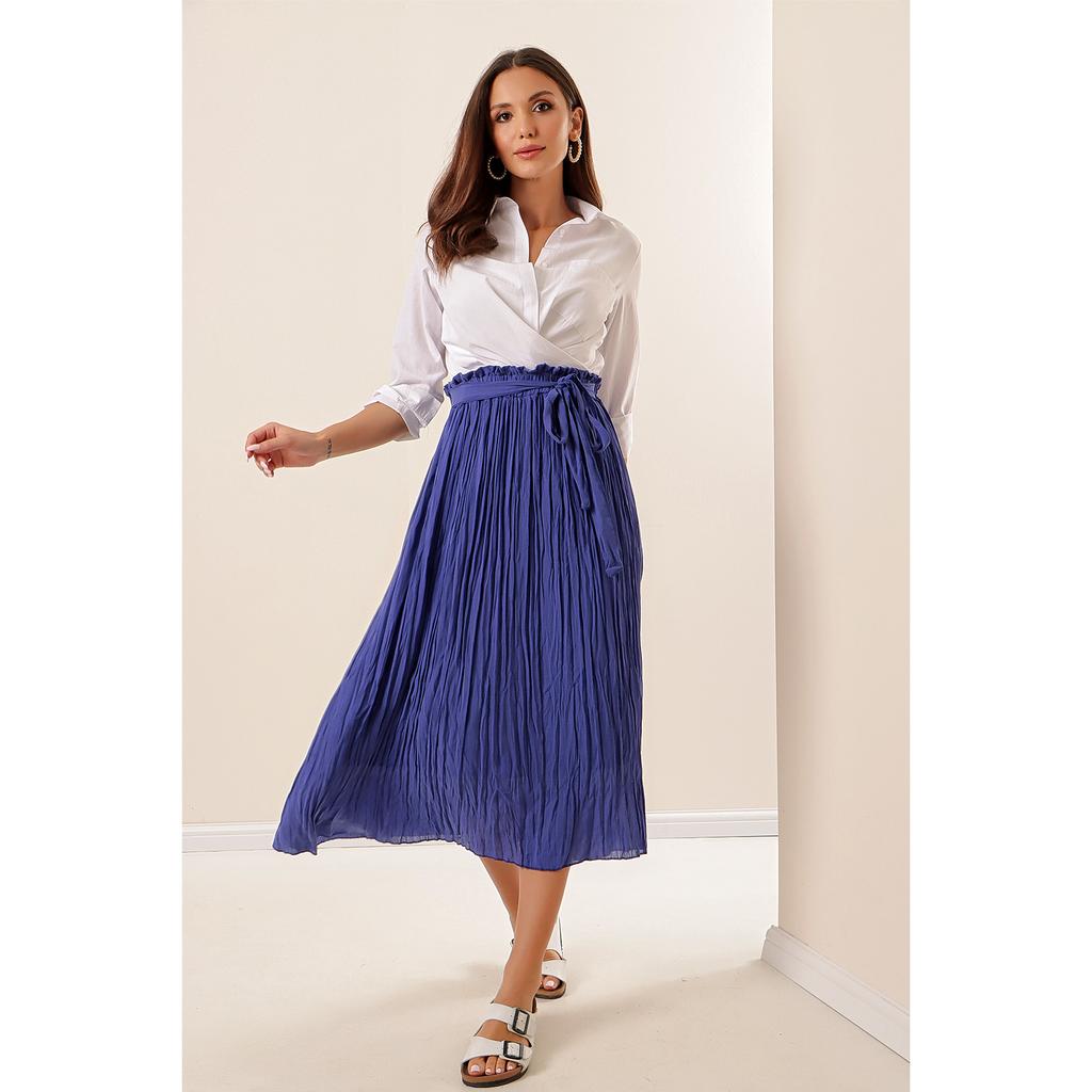 Длинная шифоновая плиссированная юбка с эластичной талией и поясом на ...