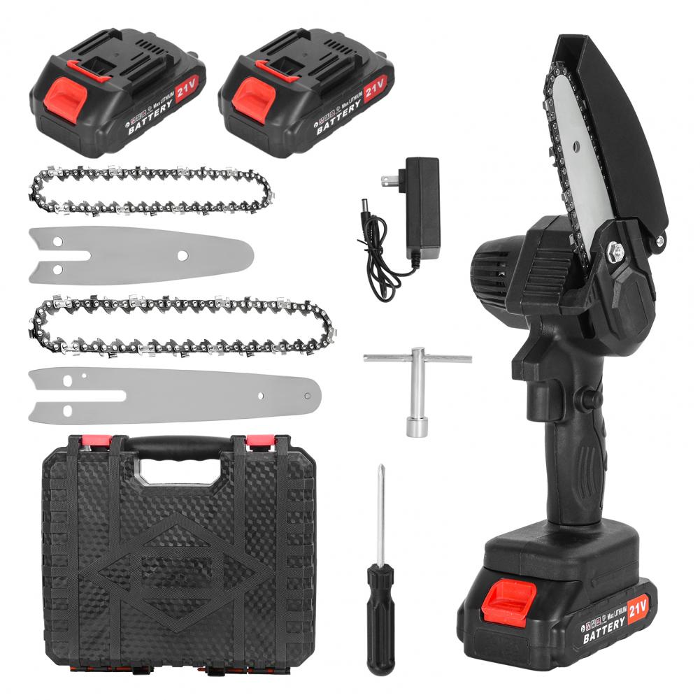 

4/6-дюймовая беспроводная электрическая цепная пила с 2 батареями и замком безопасности, переносная для обрезки деревьев, обрезки веток, двора