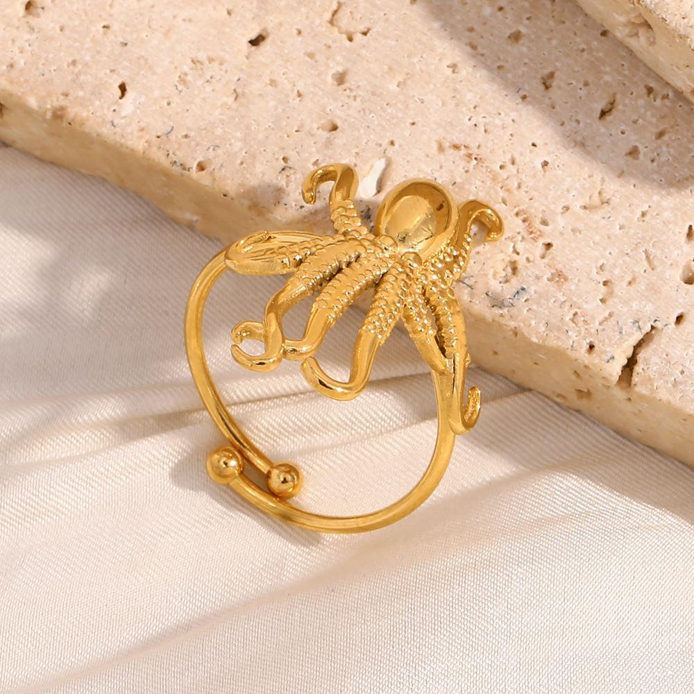 MamacitaSlay 316L Stainless Steel Octopus Open Ring Vacation Party Waterproof Jewelry Women's Unique 18K Gold Plated Ring Gift