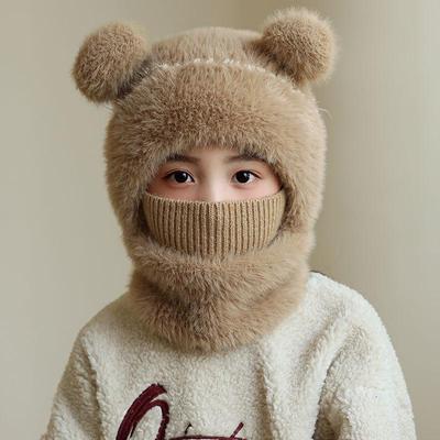 Children's Wool Knit Hooded Hat with Scarf - Warm, Windproof, Ear-protective Pullover for Boys and Girls