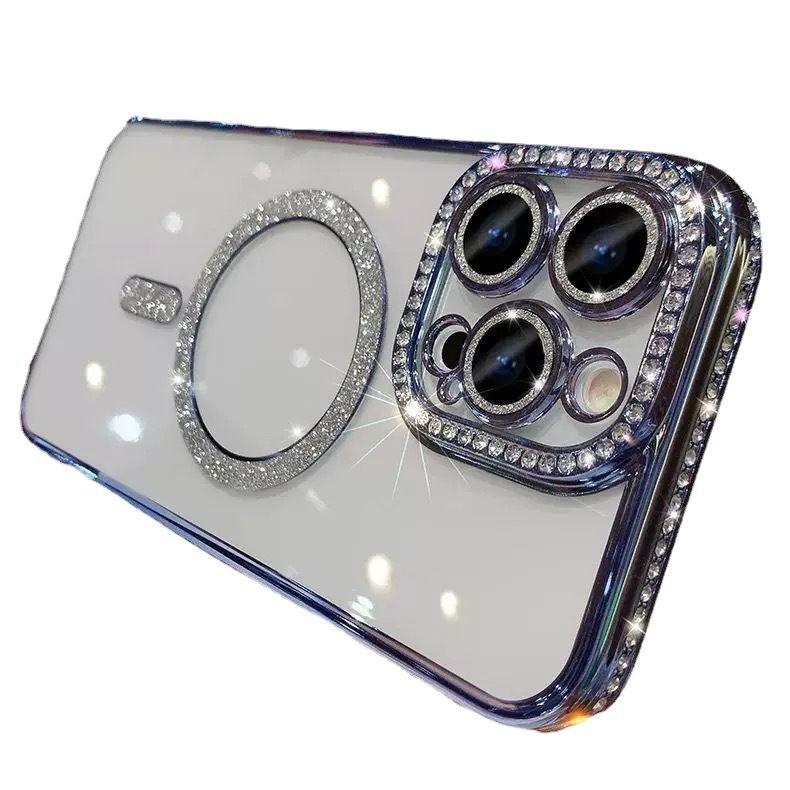 Anwendbar auf Apple IPhone 15 Seite Diamant Magnetische Saug Handyhülle Gold Integrierter Glitzer Versiegeltes Kamera Diamant Etui