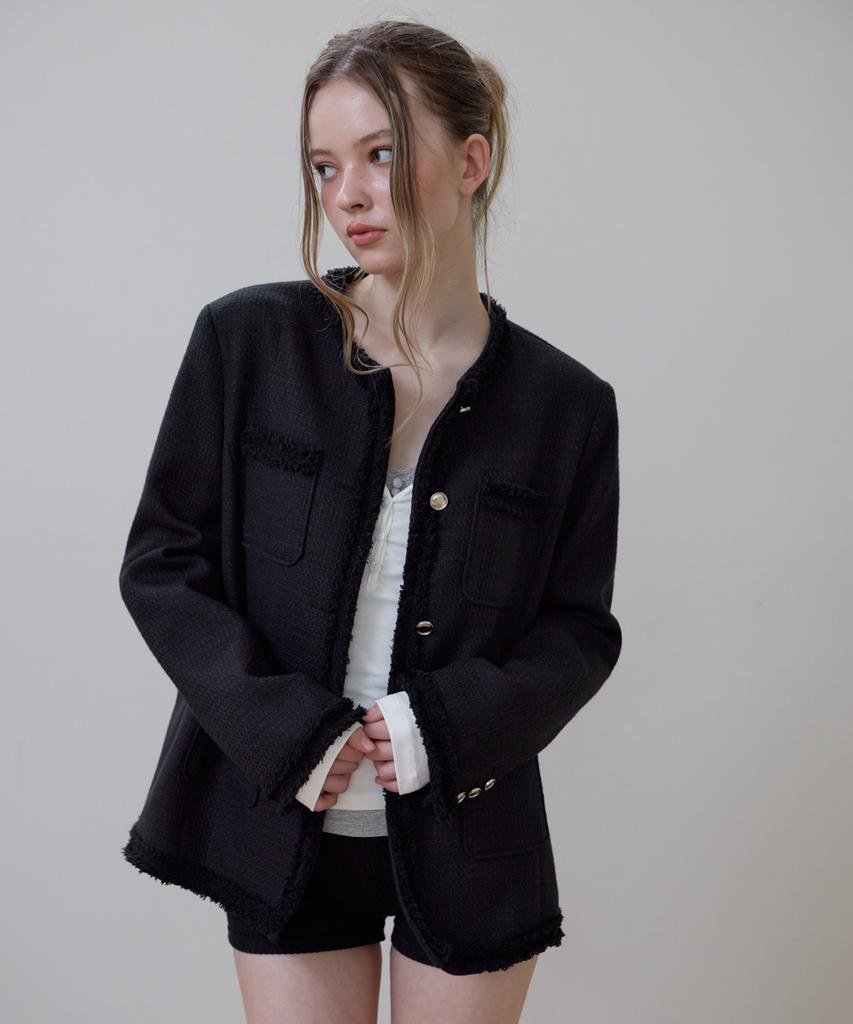 ROSEFRANTZ Fringe Pocket Tweed Jacket [Black]