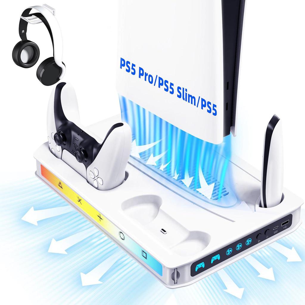 PS5 Slim/Pro Console Cooling & Charging Stand with RGB Lighting and Headphone Holder