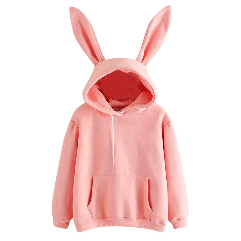 

Осень-зима женские толстовки с капюшоном Kawaii Rabbit Ears Fashion Hoody Casual Colors Solid Color Теплая толстовка с капюшоном для женщин L розовый
