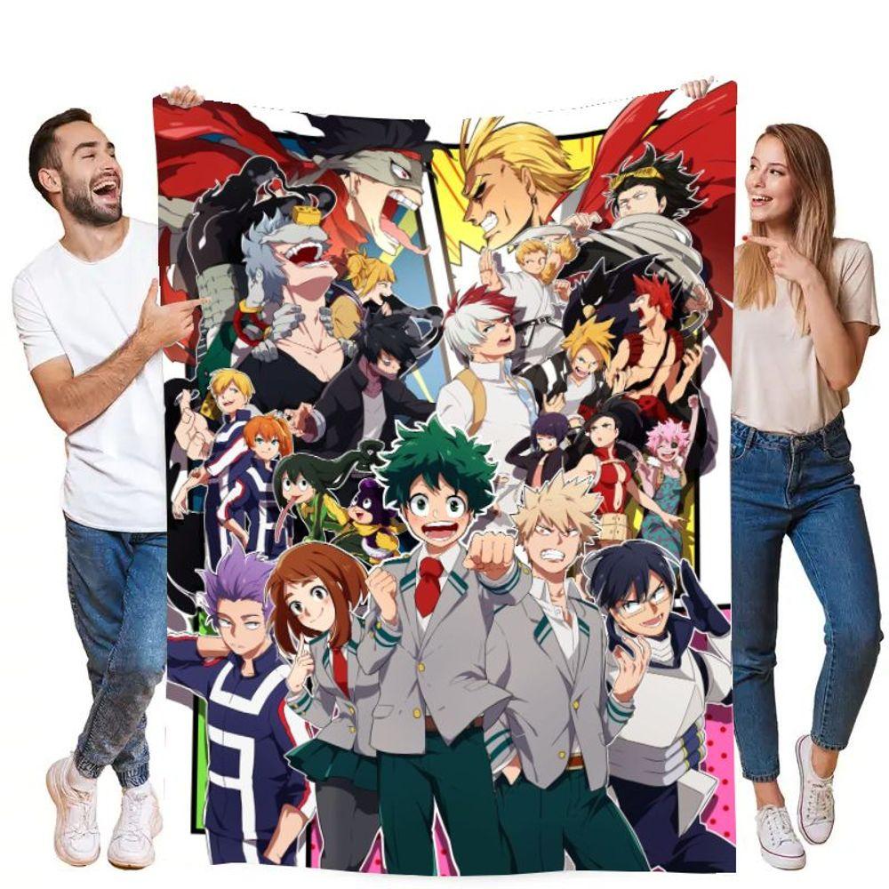 My Hero Academia Colorful Throw Blanket - Featuring Izuku Midoriya, Katsuki Bakugo, Uraraka Ochako & Shoto Todoroki - Soft Plush
