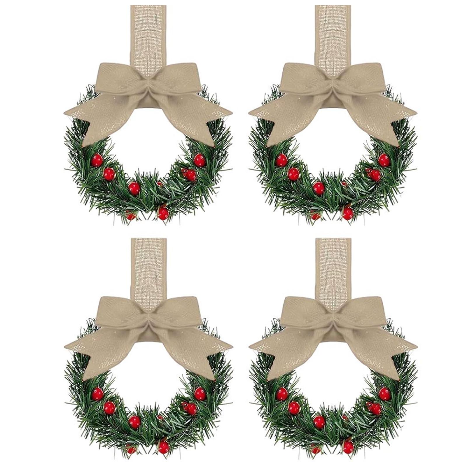 

4PCS/6PCS Christmas Home Wreaths With Plaid Bow Ribbon Hanging Cabinet Doors Wreath Decorative For Kitchen Window Holiday Decor