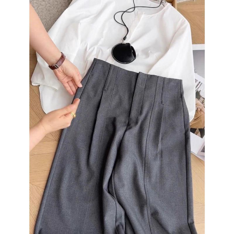 

Grey Lyocell High-Waisted Fishbone Wide-Leg Trousers for Women – Perfect for Autumn and Versatile for Commute. Extra Large серый