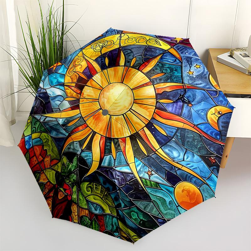 1pc Stained Glass Sun Design Automatic Opening Folding Umbrella with 8-Bone Iron Frame - Portable Outdoor Umbrella for Fans, Travelers, Daily Use, and