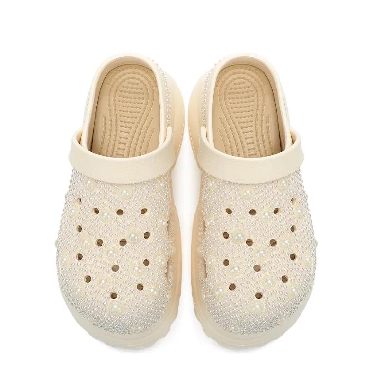 Fashion New Handmade Inlaid Pearl Thick Sole Middle Heel EVA Sandals  White Black Fashionable Women's Pearl Hollowed Out Beach Slippers