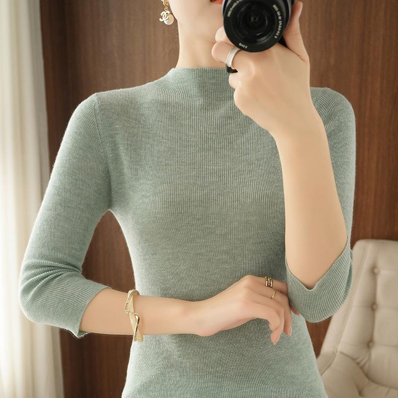 New Spring and Autumn Thin Knitted Sweater Female Slim Solid Color 7-point Sleeve Sweater Temperament Thin Solid Color Pullover Half Turtleneck