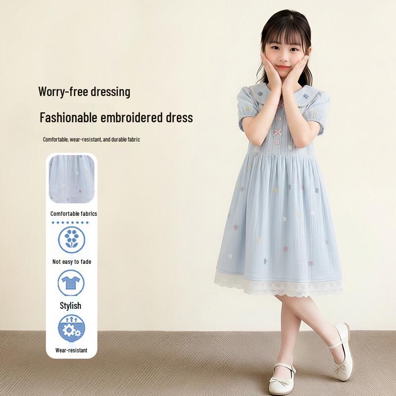 Frog Prince Girls  Light Blue Embroidered Princess Dress 150