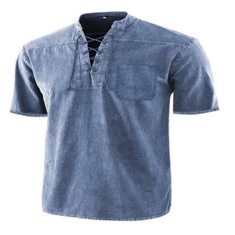 

Men s V-Neck Cross-Tie Short Sleeve Shirt, Distressed Denim/Washed Cotton, Multiple Colors (Light Blue, Black, Olive) 5XL синій