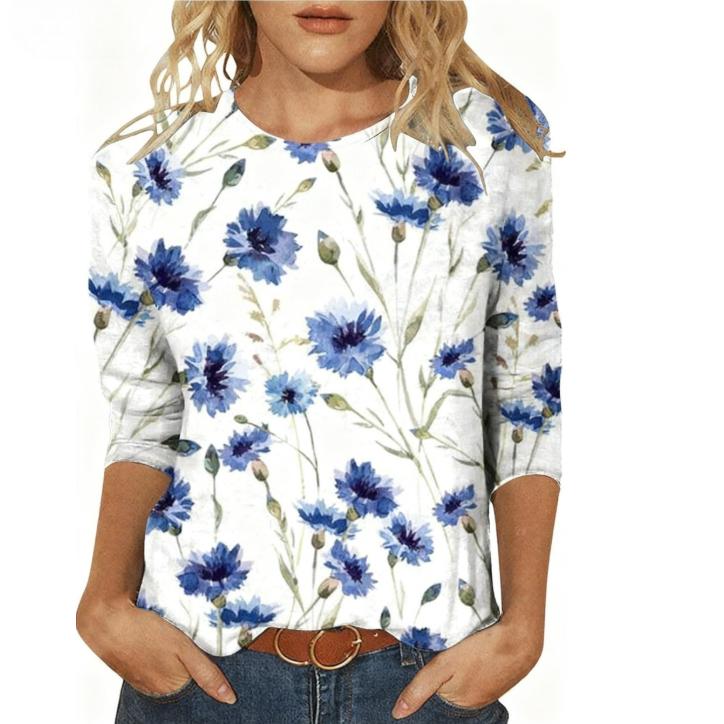 Kevadised ja sügisesed ümara kaelusega 3D lilledega trükitud topid, moekad vabaaja pikkade varrukatega naiste T-särgid