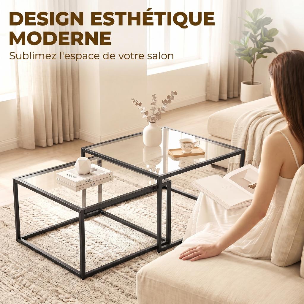 Nesting Coffee Tables, Set of 2, Tempered Glass Top, Metal Frame, Black