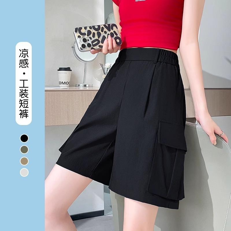 Army Green Tooling Shorts Women's Summer Thin High-waisted Thin A-shaped Wide-leg Pants Pure Cotton Sports Five-point Pants