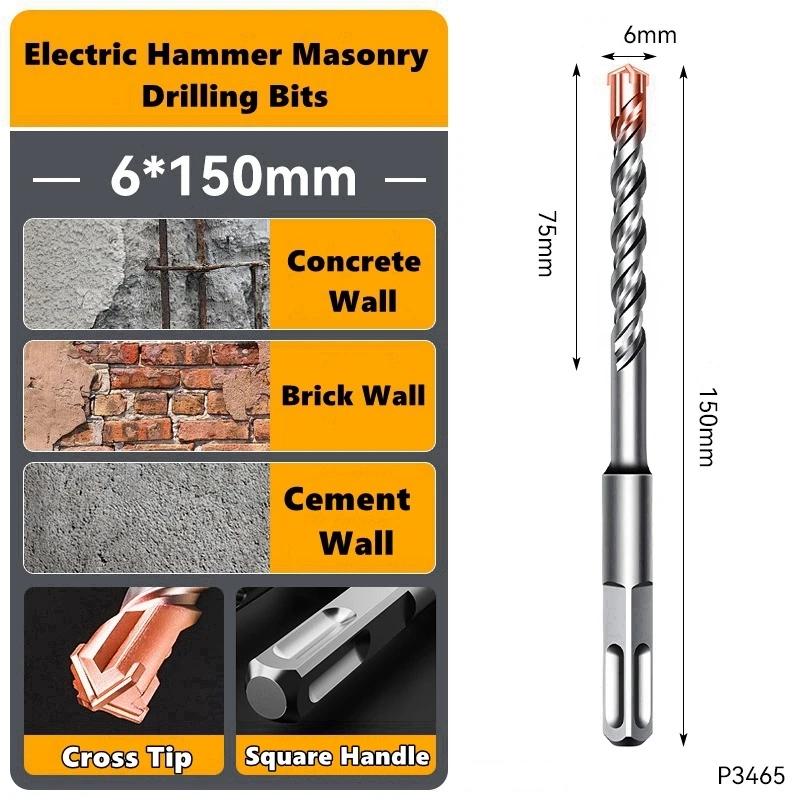 

1pcs Square Handle 6 * 150mm Electric Hammer Drill Bits Cross Type Tungsten Steel Alloy SDS Plus for Masonry Concrete Rock Stone