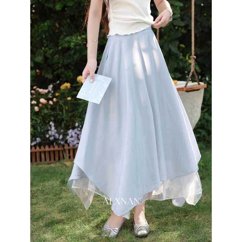 Women s Irregular Blue Mesh Patchwork A-Line Skirt M