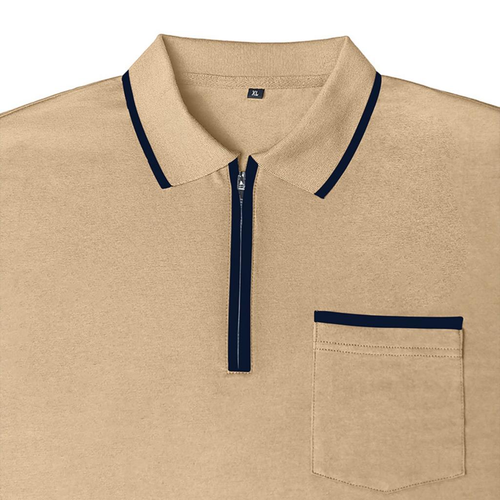 Men Long Sleeve Polo Shirt Zipper Collar Casual Slim Fit Top with Patch Pocket and Contrast Trim for Daily Wear