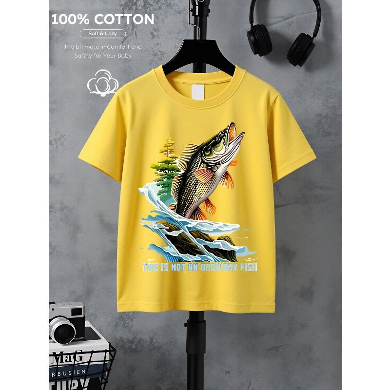 European Sizes Boys' Cotton T-shirt Fishing Fish Leaping Water Tree , Ideal for Outdoor Activities, Soft Knitted Top, Comfortable And Breathable