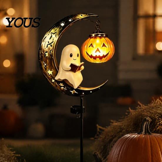 Festive Garden Stake Lights Solar Snowman/Ghost Moon Light, Waterproof Metal Sculpture, Decorative Iron Ground Insert Powered Lamp for Outdoor Pathway