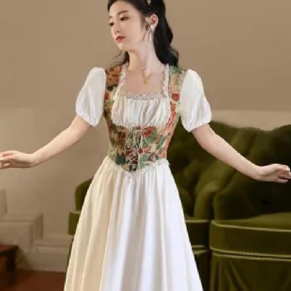 Elegant French Court-Style Retro Floral Slimming Princess Dress 2XL