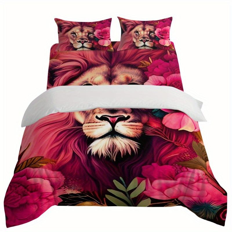 4pcs Flower Lion Pattern All-in-one Duvet Cover SetSoft Breathable Stylish Bedding for Your Bedroom or Guest Room - All-Season