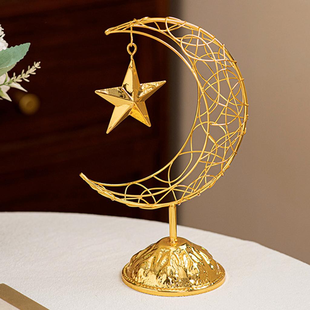 Eid Mubarak Ramadans Handheld Moon and Star Metal Hollowed Ornament Decors with Base for Muslims Islamic Party Supplies