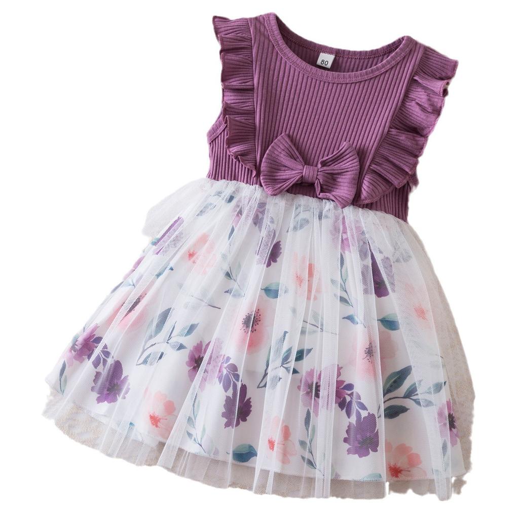 Girls Fashion Dress 2025 Summer Children's Flying Sleeve Printed Mesh Princess Dress Birthday Dress