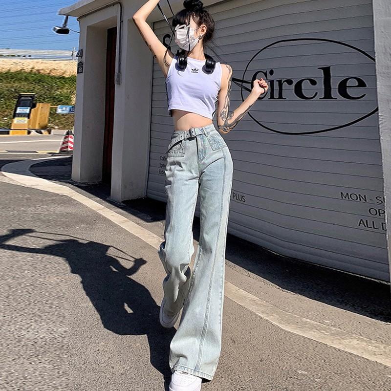 Light blue slightly pulled jeans women's retro high waist loose and thin Spice girl design sense mopping floor straight flared pants